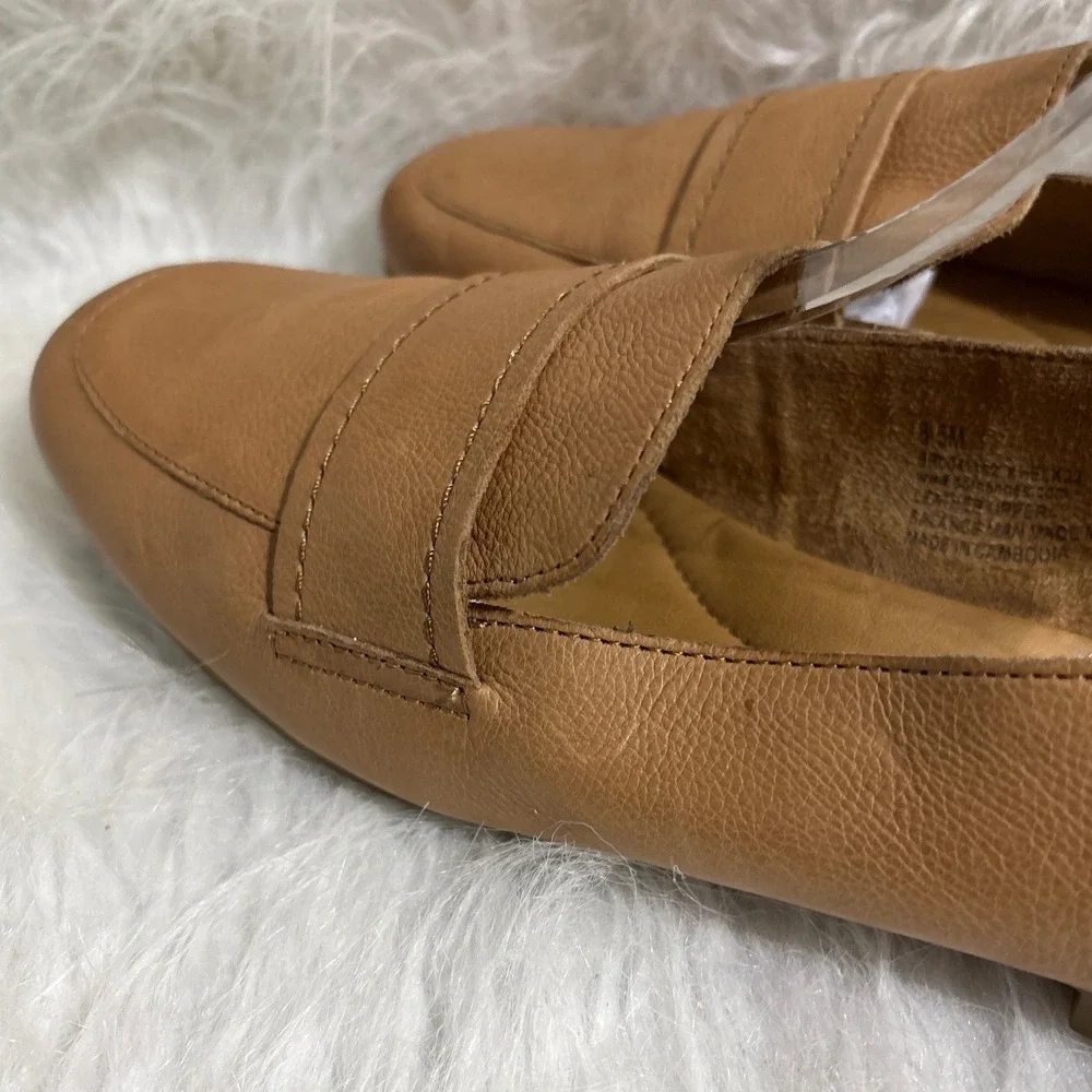 Born Tan Leather Penny Loafers Square Toe Slip On Flats Womens 8.5M BR0041102